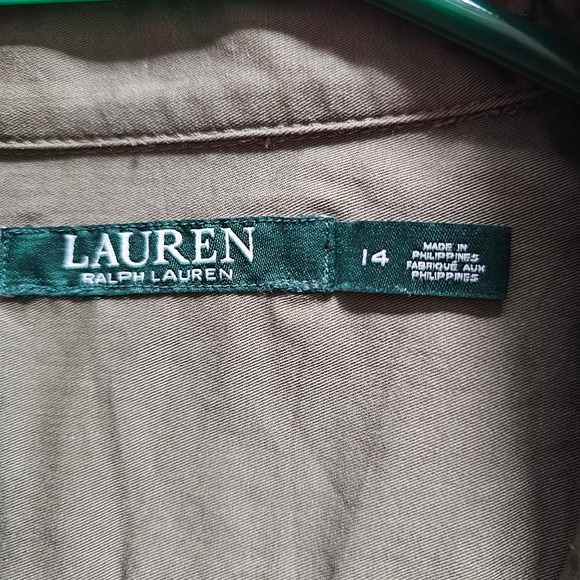 Lauren Ralph Lauren Khaki Utility Shirt Dress Belted Gold Buttons Midi Size 14 - Picture 12 of 16